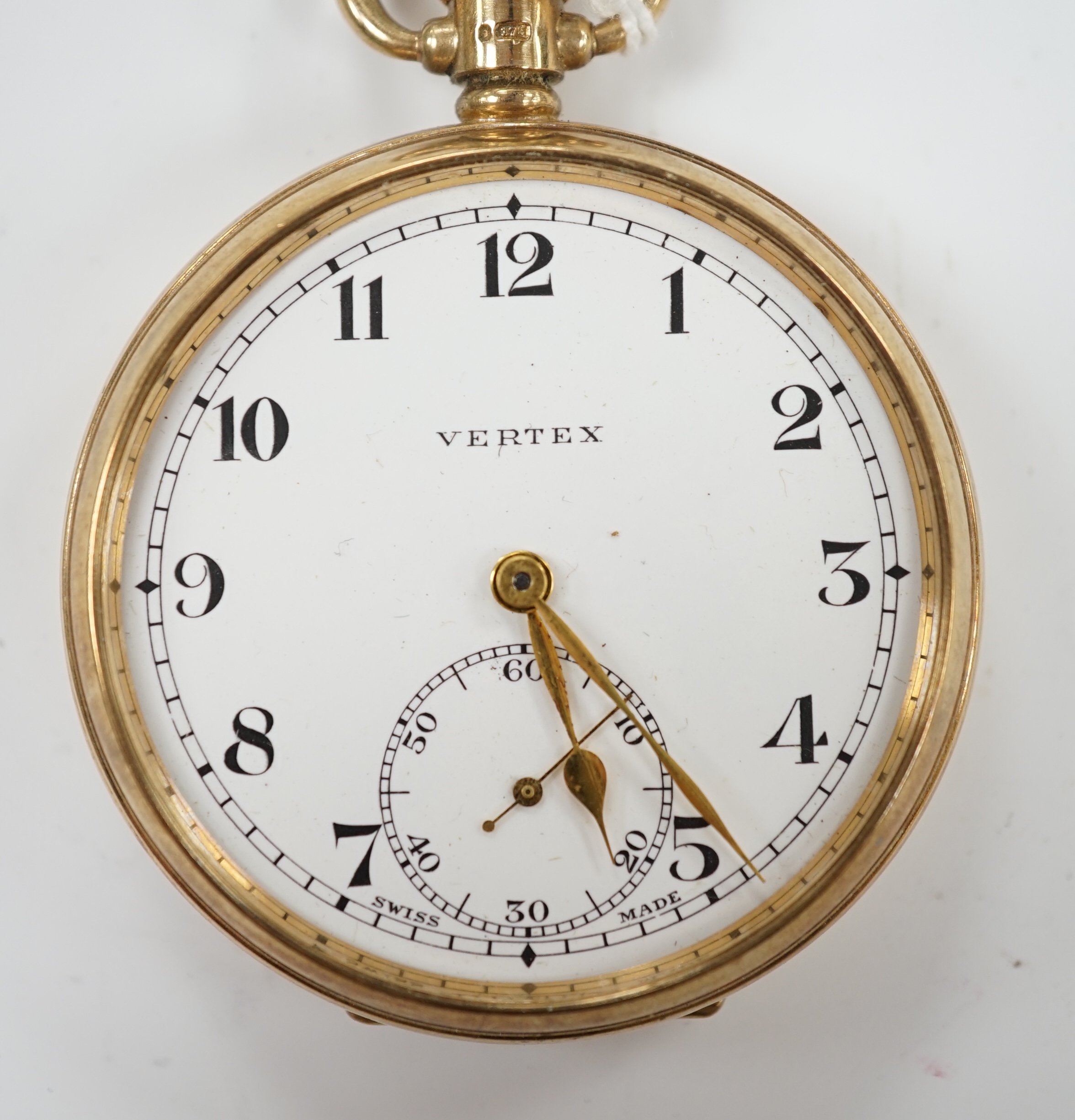 A George V 9ct gold Vertex open face keyless pocket watch, with Arabic dial and subsidiary seconds, case diameter 48mm, gross weight 79.4 grams.